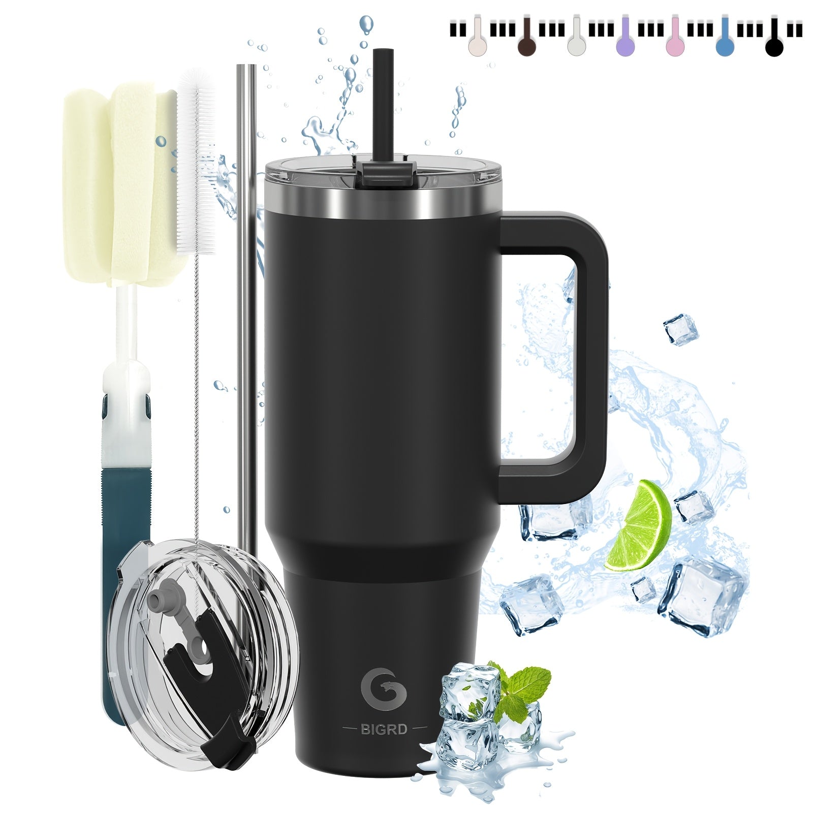 BIGRD • 40oz\u002F1182ml Stainless Steel Water Flask • Double-Wall Vacuum Insulated Leakproof • Hot\u002FCold Car Cup with Straw & Handle • Anti-Slip Base & Dual Silicone Mouthpiece • for Travel, Gym, Dish