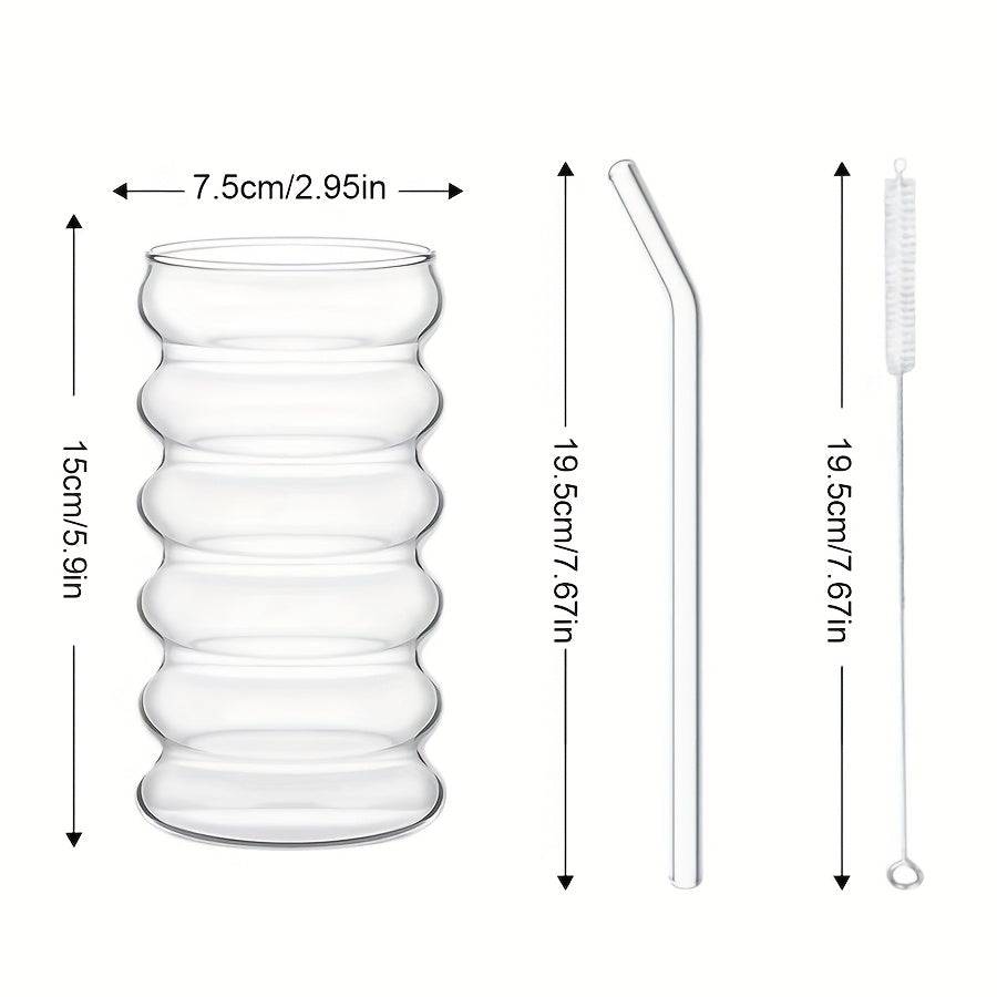 Ribbed Drinking Cups 2\u002F6pcs Vintage Japanese Ripple Bubble Glass Cups | 420Ml\u002F14Oz Ribbed with Brush And Straw | Suitable for Coffee, Tea, Juice, Matcha, Smoothie