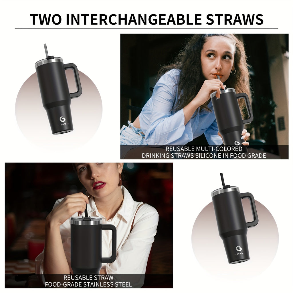BIGRD • 40oz\u002F1182ml Stainless Steel Water Flask • Double-Wall Vacuum Insulated Leakproof • Hot\u002FCold Car Cup with Straw & Handle • Anti-Slip Base & Dual Silicone Mouthpiece • for Travel, Gym, Dish