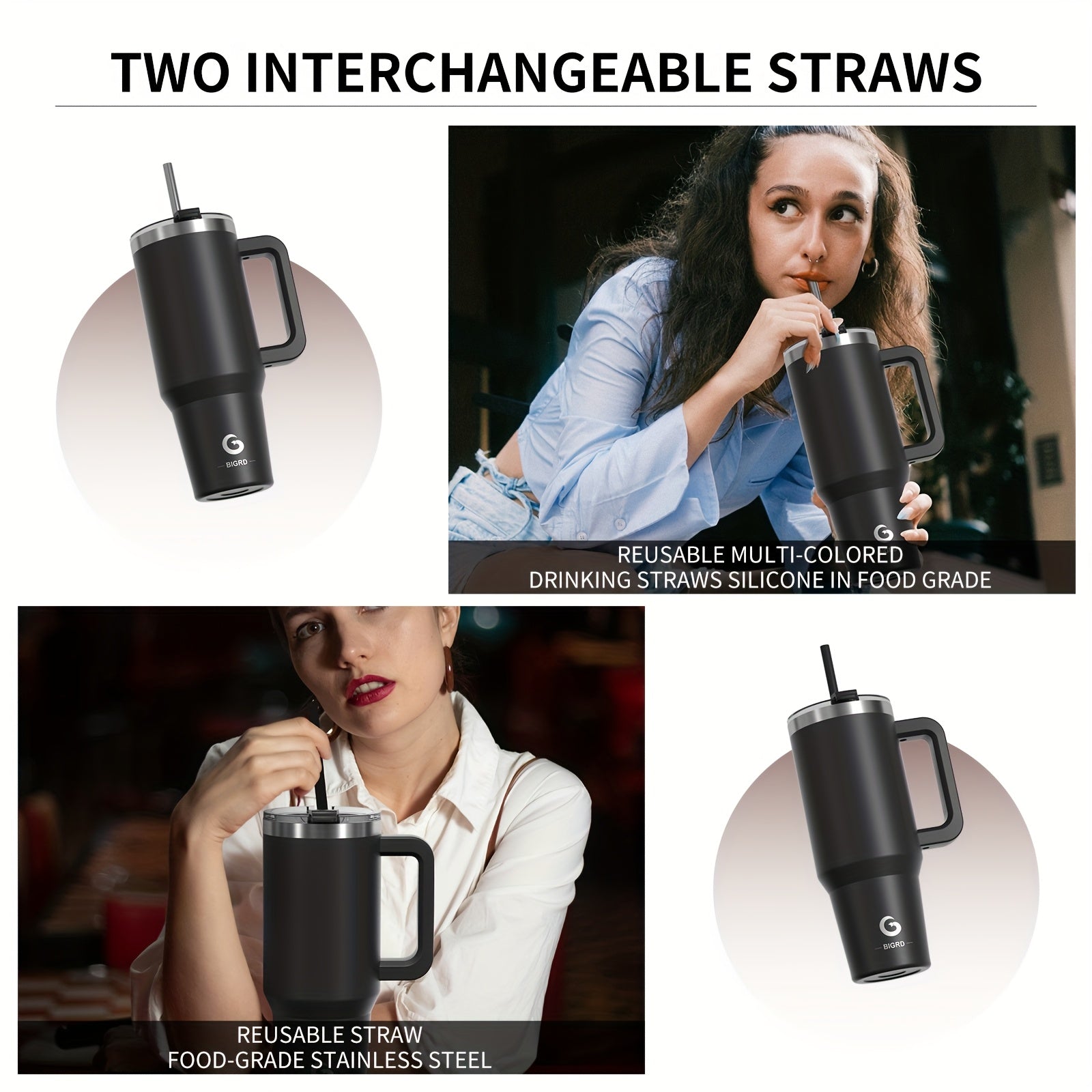 BIGRD • 40oz\u002F1182ml Stainless Steel Water Flask • Double-Wall Vacuum Insulated Leakproof • Hot\u002FCold Car Cup with Straw & Handle • Anti-Slip Base & Dual Silicone Mouthpiece • for Travel, Gym, Dish