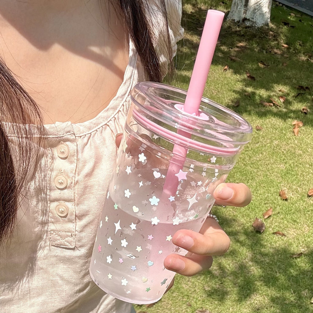 16Oz Pink Star Flower Design Adorable Cup - Reusable, Convenient, Sturdy with Straw And Cover | Great for Staying Hydrated at Work, Sports, Outdoor Fun, Celebrations, Gifts, Camping, And Birthdays - Ideal Summer Hydration Easy Bottle