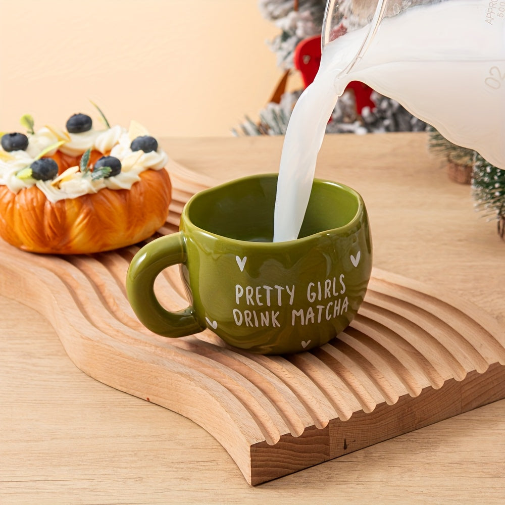1pc 230ml\u002F7.8oz Green and White Heart Ceramic Coffee Cup, Irregular Cute Handcrafted Ceramic Matte Matcha Cup, Suitable for Coffee, Milk, Juice, Latte, Cappuccino, and Other Beverages, a Perfect Gift for Friends and Lovers