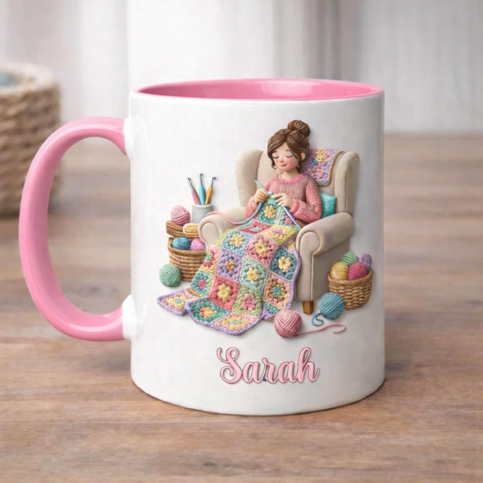 Personalized Knitting Mug, Cozy Crochet Coffee Cup, Pink Handmade Style Mug, Yarn Lover Gift, Cute Custom Name Mug