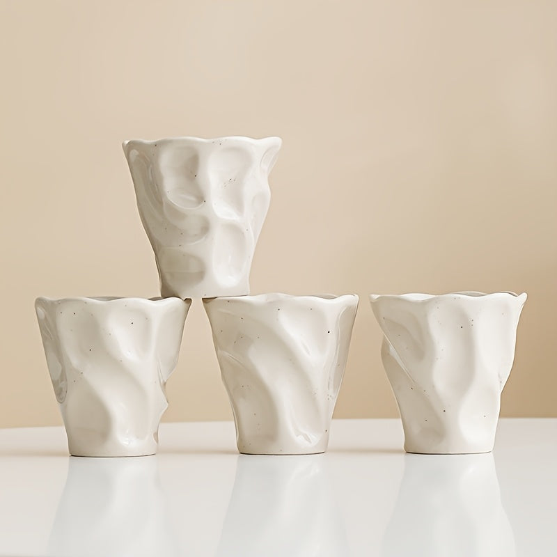 Creative Ceramic Coffee Cups 4pcs Hand-Thrown Ceramic Coffee Cups Set | Pink\u002FCream White, Creative Ruffled Mugs, Espresso, Latte Art, Milk, Water, Tea Cups - Beautiful & Practical for Brewing Coffee, Cappuccino, Latte