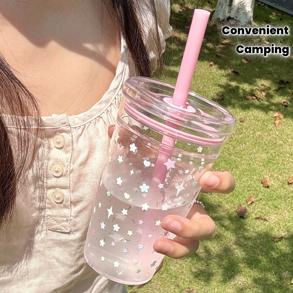 16Oz Pink Star Flower Design Adorable Cup - Reusable, Convenient, Sturdy with Straw And Cover | Great for Staying Hydrated at Work, Sports, Outdoor Fun, Celebrations, Gifts, Camping, And Birthdays - Ideal Summer Hydration Easy Bottle