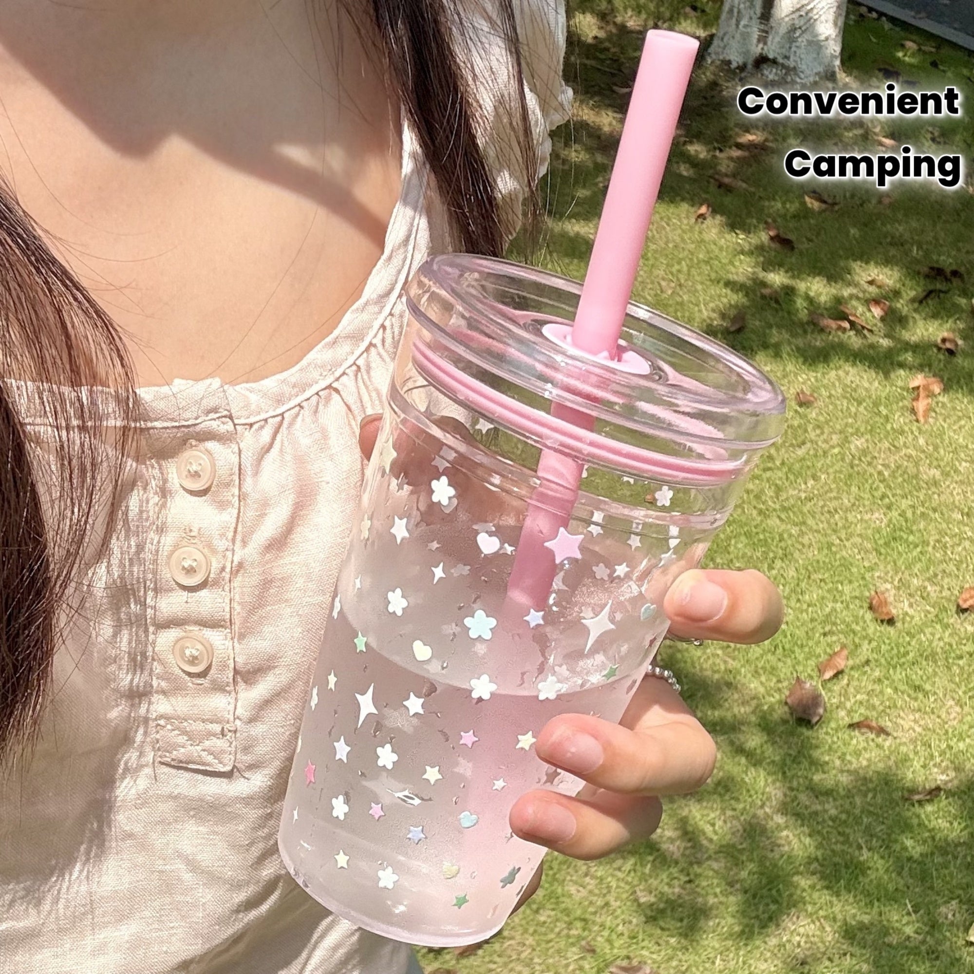 16Oz Pink Star Flower Design Adorable Cup - Reusable, Convenient, Sturdy with Straw And Cover | Great for Staying Hydrated at Work, Sports, Outdoor Fun, Celebrations, Gifts, Camping, And Birthdays - Ideal Summer Hydration Easy Bottle