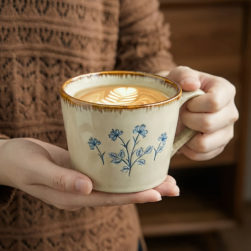 Vintage Freesia Coffee Mug 1pc Handmade Vintage Freesia Flower Ceramic Coffee Mug - V-Shaped Tea Cup with Lip Contact Suitable for Latte, Cappuccino, Espresso, Matcha - Elegant Handpainted Freesia Vase, Oatmeal Cup for Home, Office, Valentine's Day Gift