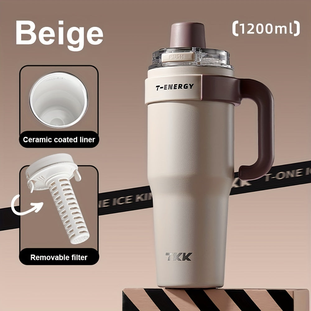 Large Capacity|Stainless Steel 800ml\u002F1200ml Large Capacity Stainless Steel Vacuum Mug | Ceramic Coating Leakproof Tumbler with Straw Lid Handle | Keep Warm Cold for Coffee Coke Carbonated Beverages Ice School Office Outdoor Yoga Sports Travel