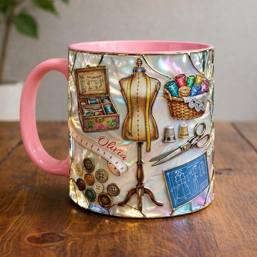 Personalized Knitting Mug, Cozy Crochet Coffee Cup, Pink Handmade Style Mug, Yarn Lover Gift, Cute Custom Name Mug