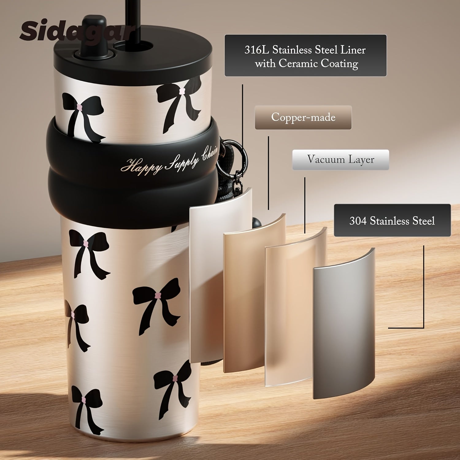 A 24-Ounce High-Cost-Performance Vacuum Cup Cup Featuring a Stylish Bow Design And a Unique Bow Strap. The Interior Is Made of 316 Stainless Steel, Effectively Maintaining The Temperature of Beverages. The Non-Slip Silicone Ring on The Cup Body Ensu