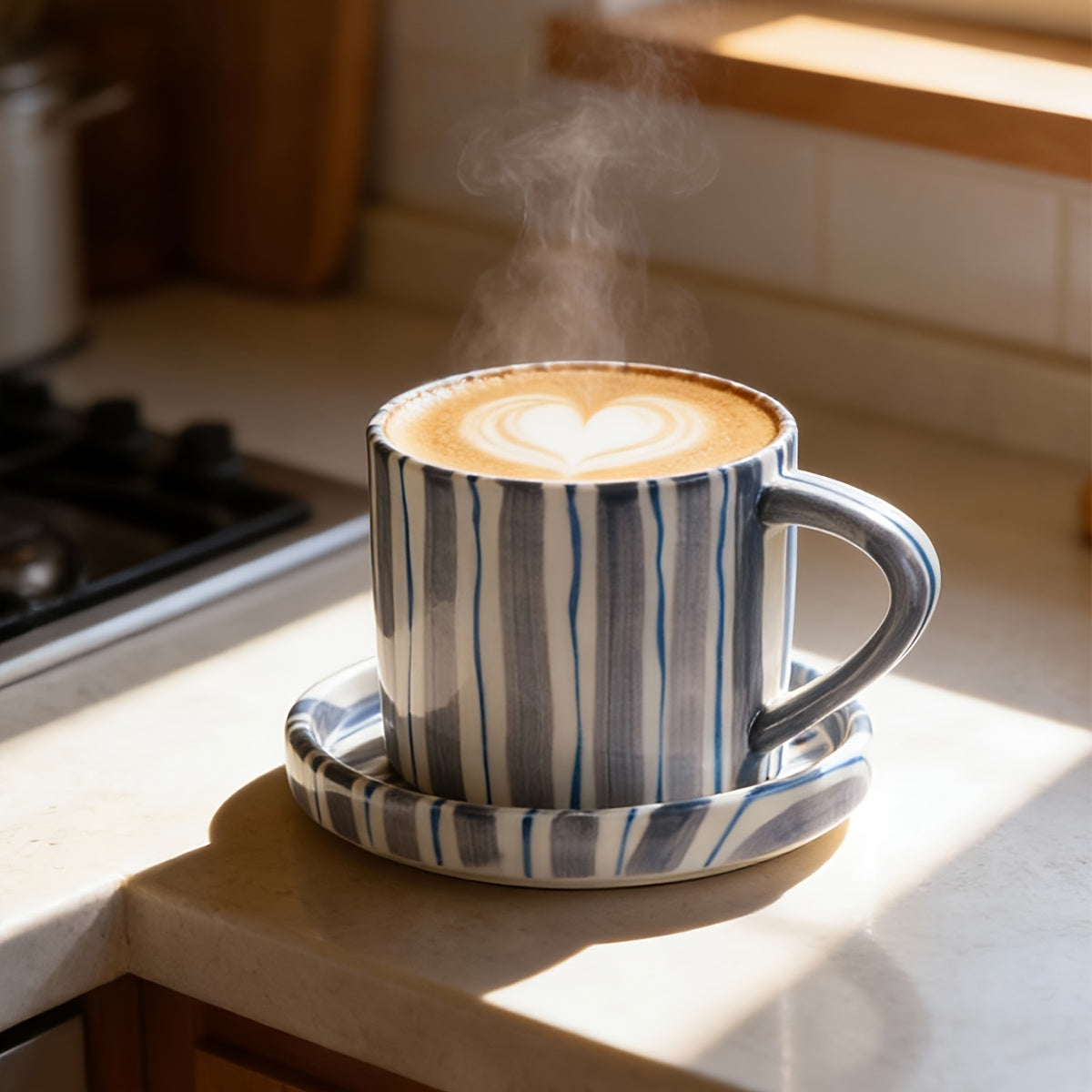INS Style Striped Ceramic Coffee Cup And Saucer Set Featuring a Minimalist Vertical Stripe Design, Aesthetically Pleasing for Enjoying Beverages. This Home Drinkware Set Is Perfect for Lattes, American Espresso, And Tea