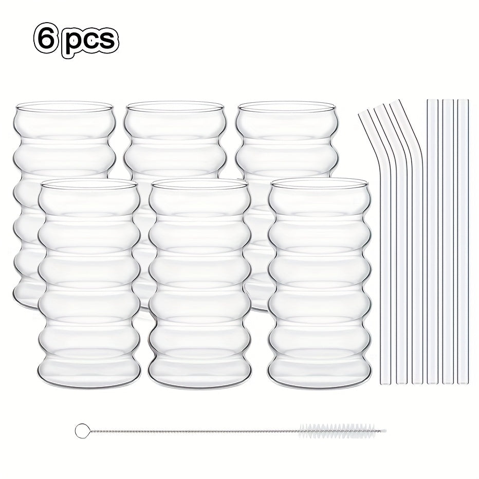 Ribbed Drinking Cups 2\u002F6pcs Vintage Japanese Ripple Bubble Glass Cups | 420Ml\u002F14Oz Ribbed with Brush And Straw | Suitable for Coffee, Tea, Juice, Matcha, Smoothie