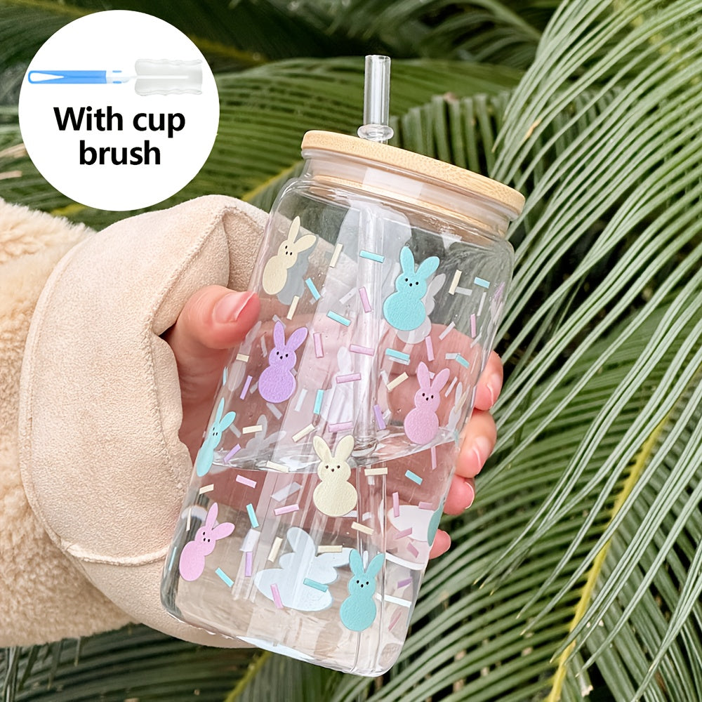 16Oz Easter Bunny Print Plastic Water Cup with Lid, Straw, And Brush - Perfect Lightweight Summer Hydration Coffee Mug for Family, Friends, And Colleagues