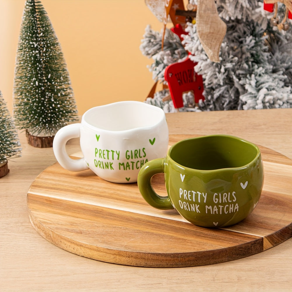 1pc 230ml\u002F7.8oz Green and White Heart Ceramic Coffee Cup, Irregular Cute Handcrafted Ceramic Matte Matcha Cup, Suitable for Coffee, Milk, Juice, Latte, Cappuccino, and Other Beverages, a Perfect Gift for Friends and Lovers