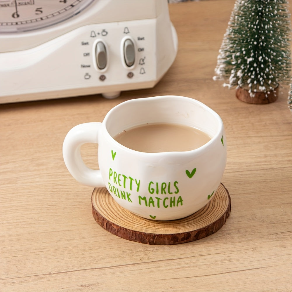 1pc 230ml\u002F7.8oz Green and White Heart Ceramic Coffee Cup, Irregular Cute Handcrafted Ceramic Matte Matcha Cup, Suitable for Coffee, Milk, Juice, Latte, Cappuccino, and Other Beverages, a Perfect Gift for Friends and Lovers