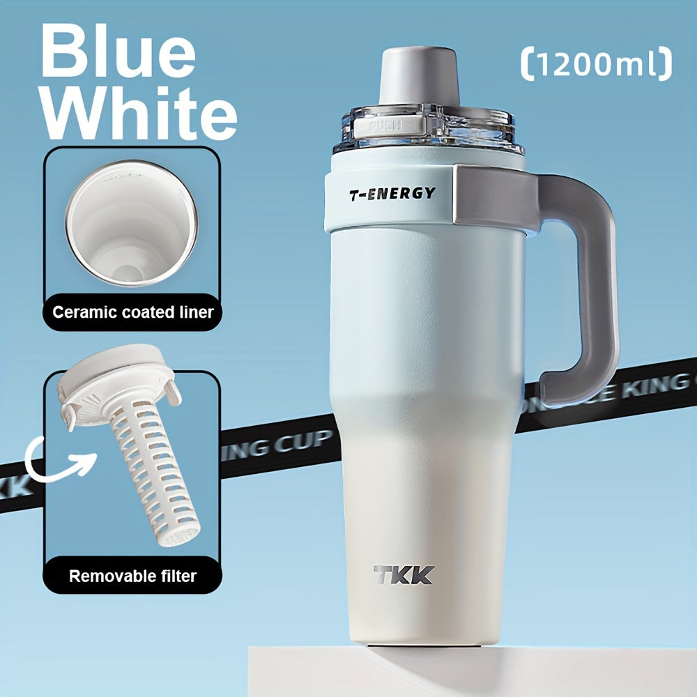 Large Capacity|Stainless Steel 800ml\u002F1200ml Large Capacity Stainless Steel Vacuum Mug | Ceramic Coating Leakproof Tumbler with Straw Lid Handle | Keep Warm Cold for Coffee Coke Carbonated Beverages Ice School Office Outdoor Yoga Sports Travel