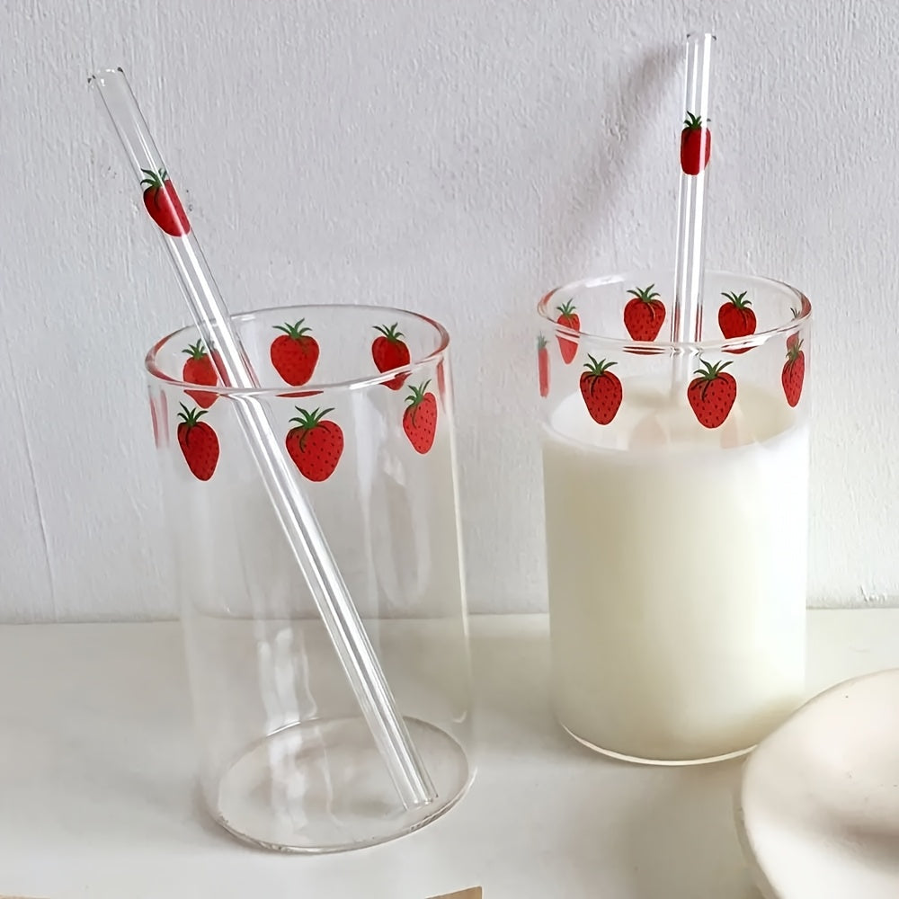2pcs Strawberry Glass Cups With Straws | High Borosilicate Glass, Durable For Cold And Hot Use, Large Capacity, Multipurpose And Reusable