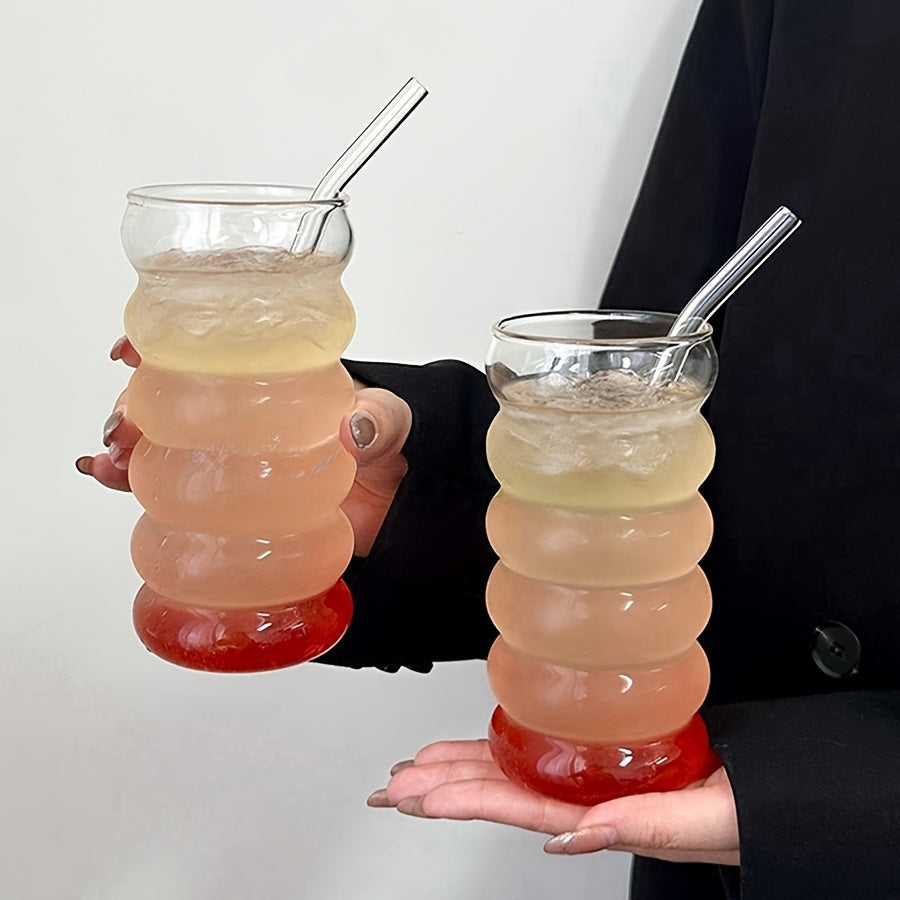 Ribbed Drinking Cups 2\u002F6pcs Vintage Japanese Ripple Bubble Glass Cups | 420Ml\u002F14Oz Ribbed with Brush And Straw | Suitable for Coffee, Tea, Juice, Matcha, Smoothie