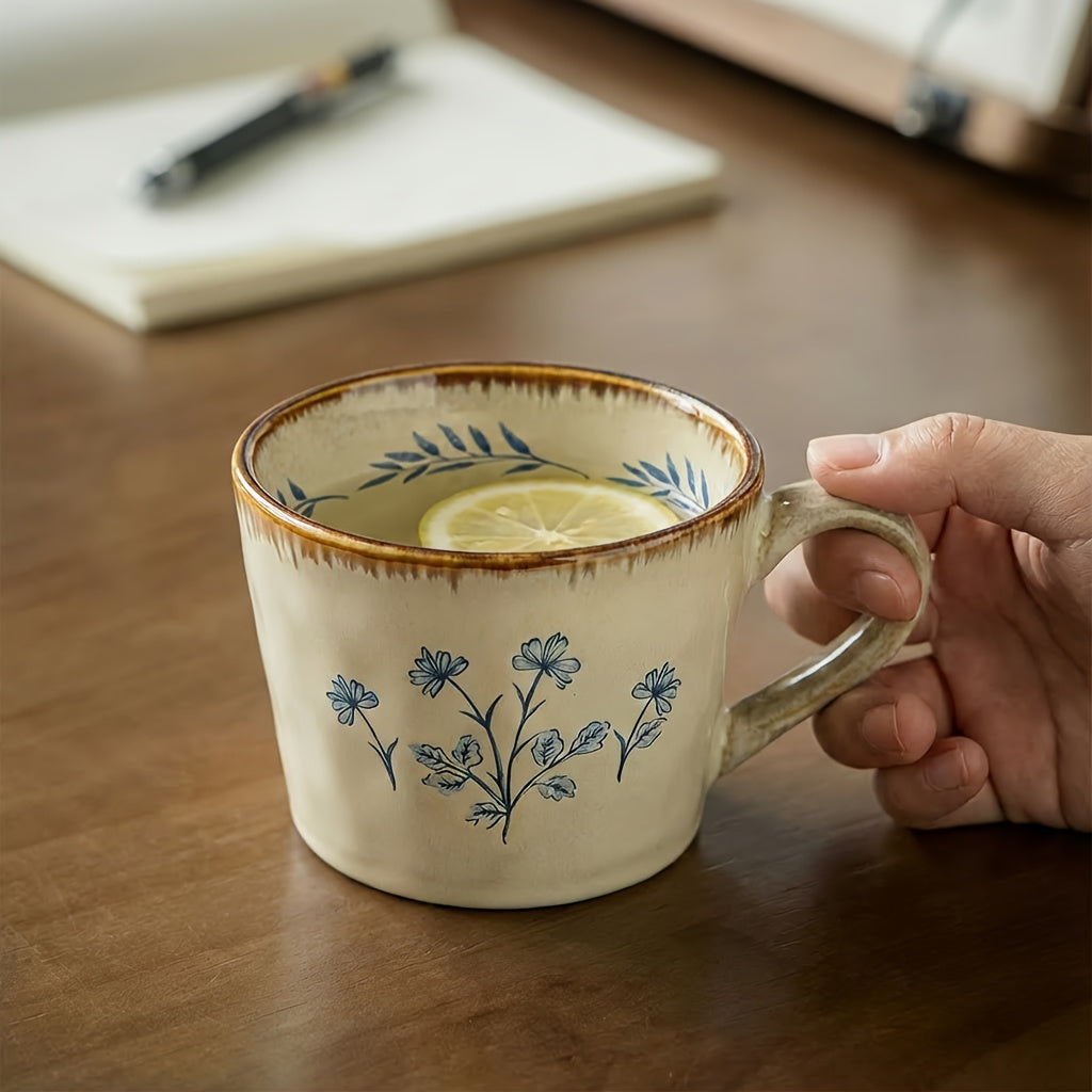Vintage Freesia Coffee Mug 1pc Handmade Vintage Freesia Flower Ceramic Coffee Mug - V-Shaped Tea Cup with Lip Contact Suitable for Latte, Cappuccino, Espresso, Matcha - Elegant Handpainted Freesia Vase, Oatmeal Cup for Home, Office, Valentine's Day Gift
