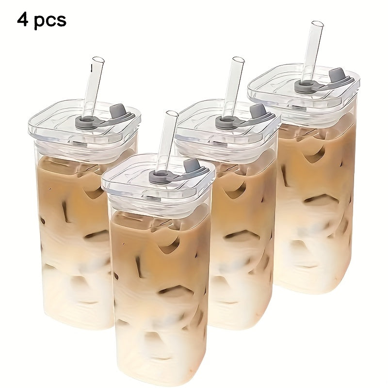 Set of 4 High Borosilicate Glass Cups, Easy Square Travel Mugs, Suitable for Coffee, Breakfast, And Milk, Reusable And Easy to Clean, Perfect for Restaurants, Gatherings, Parties, Daily Home Use, And Outdoor Trips