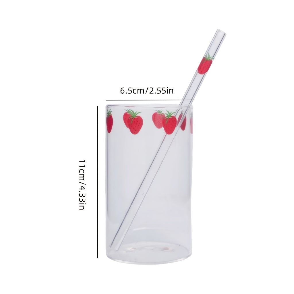 2pcs Strawberry Glass Cups With Straws | High Borosilicate Glass, Durable For Cold And Hot Use, Large Capacity, Multipurpose And Reusable