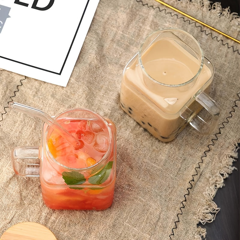 Square Glass Cup, Wedding Gift Design, Daily Use Gift, Cute Transparent Glass Cup, Gift Design, Modern Style Tea Drink Cup, Gift Choice, Suitable for Beer, Iced Coffee, Cute Glass Cup Perfect for Soda Boba Tea Cocktails, Includes Straw and Cup Lid