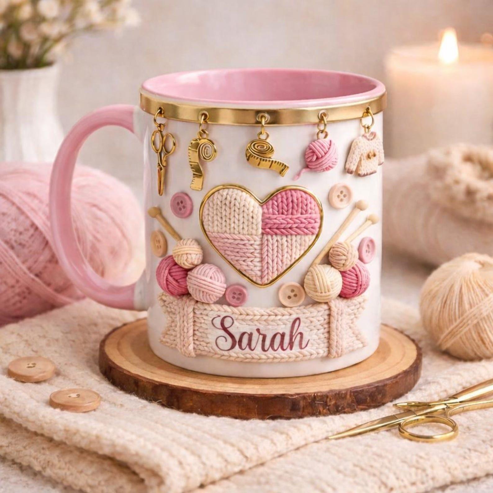 Personalized Knitting Mug, Cozy Crochet Coffee Cup, Pink Handmade Style Mug, Yarn Lover Gift, Cute Custom Name Mug