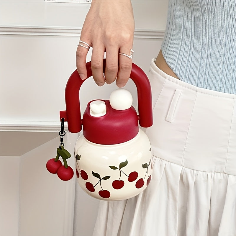 1pc 1pcs 1pc Suitable for Outdoor, for Travel, for Gym Large-Capacity 23oz Portable Straw Water Bottle with Cherry Flask, Wide-Mouth Vacuum Insulated Cup, Leakproof Lid & Lanyard for, Camping, Office, Gift for