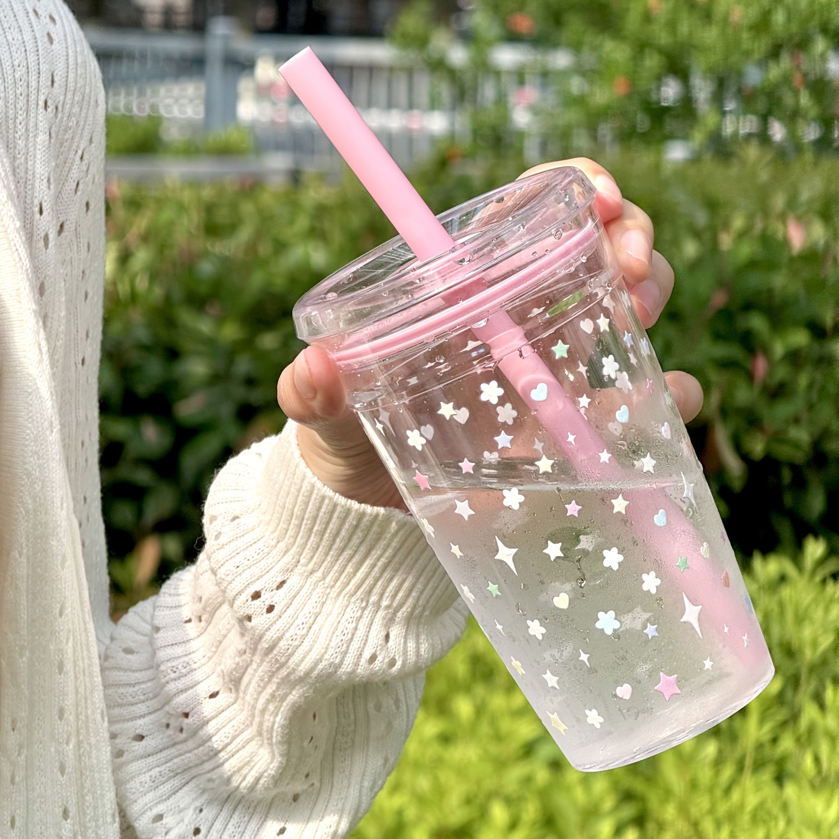 16Oz Pink Star Flower Design Adorable Cup - Reusable, Convenient, Sturdy with Straw And Cover | Great for Staying Hydrated at Work, Sports, Outdoor Fun, Celebrations, Gifts, Camping, And Birthdays - Ideal Summer Hydration Easy Bottle