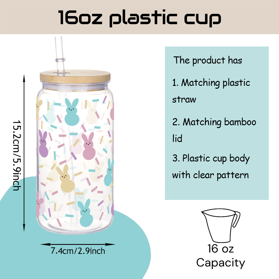 16Oz Easter Bunny Print Plastic Water Cup with Lid, Straw, And Brush - Perfect Lightweight Summer Hydration Coffee Mug for Family, Friends, And Colleagues