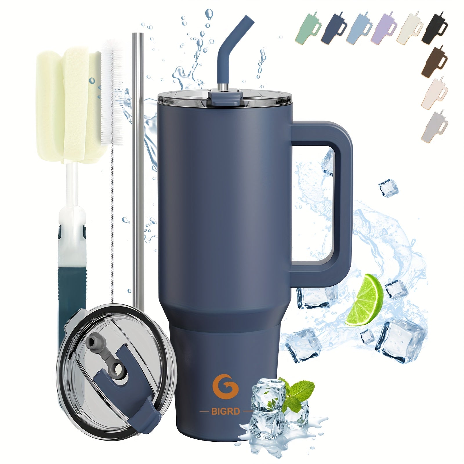 BIGRD • 40oz\u002F1182ml Stainless Steel Water Flask • Double-Wall Vacuum Insulated Leakproof • Hot\u002FCold Car Cup with Straw & Handle • Anti-Slip Base & Dual Silicone Mouthpiece • for Travel, Gym, Dish