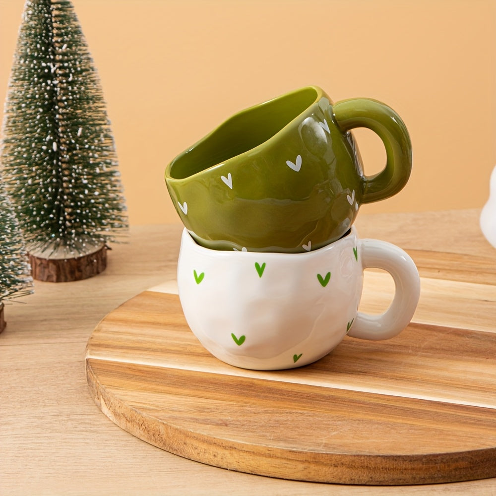 1pc 230ml\u002F7.8oz Green and White Heart Ceramic Coffee Cup, Irregular Cute Handcrafted Ceramic Matte Matcha Cup, Suitable for Coffee, Milk, Juice, Latte, Cappuccino, and Other Beverages, a Perfect Gift for Friends and Lovers