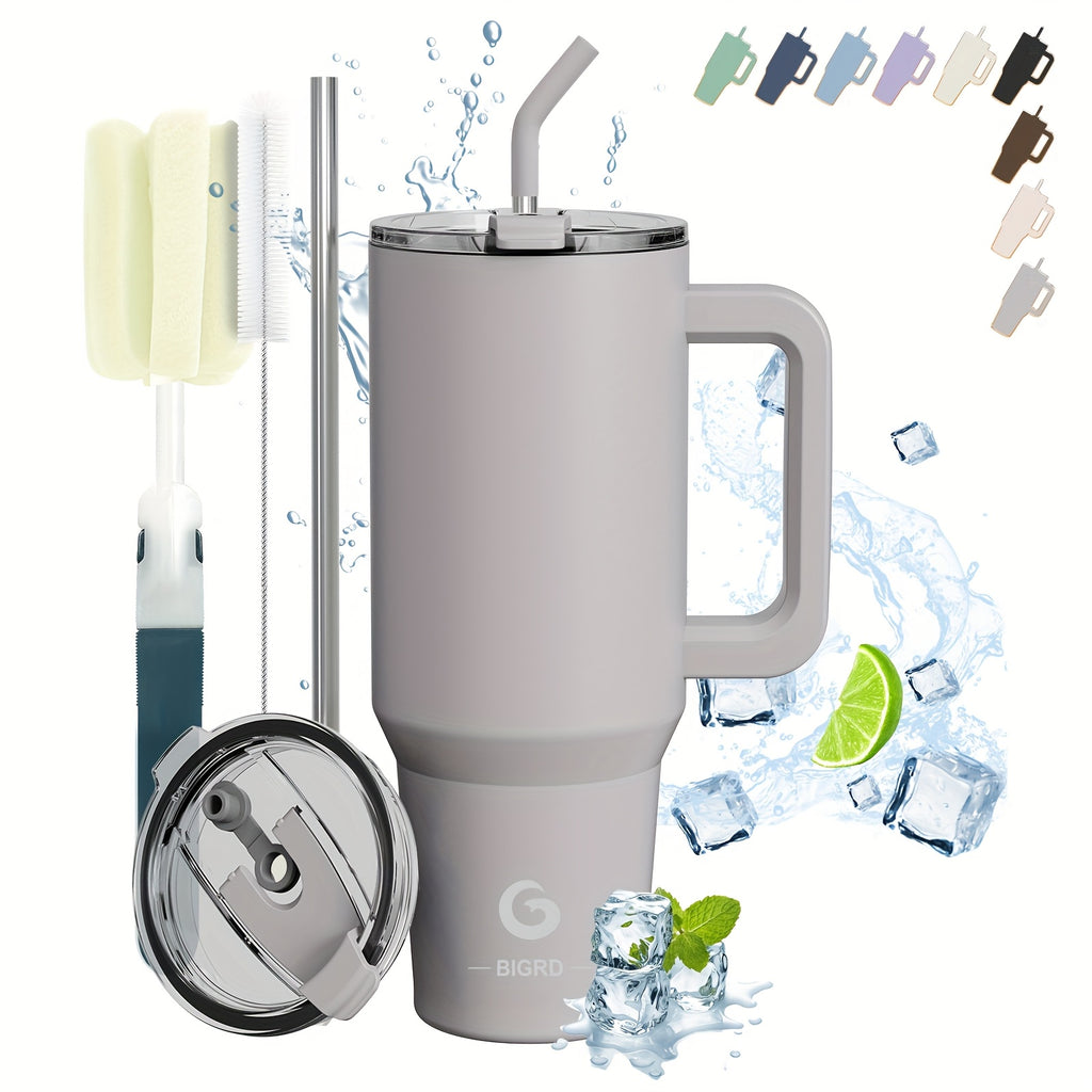 BIGRD • 40oz\u002F1182ml Stainless Steel Water Flask • Double-Wall Vacuum Insulated Leakproof • Hot\u002FCold Car Cup with Straw & Handle • Anti-Slip Base & Dual Silicone Mouthpiece • for Travel, Gym, Dish