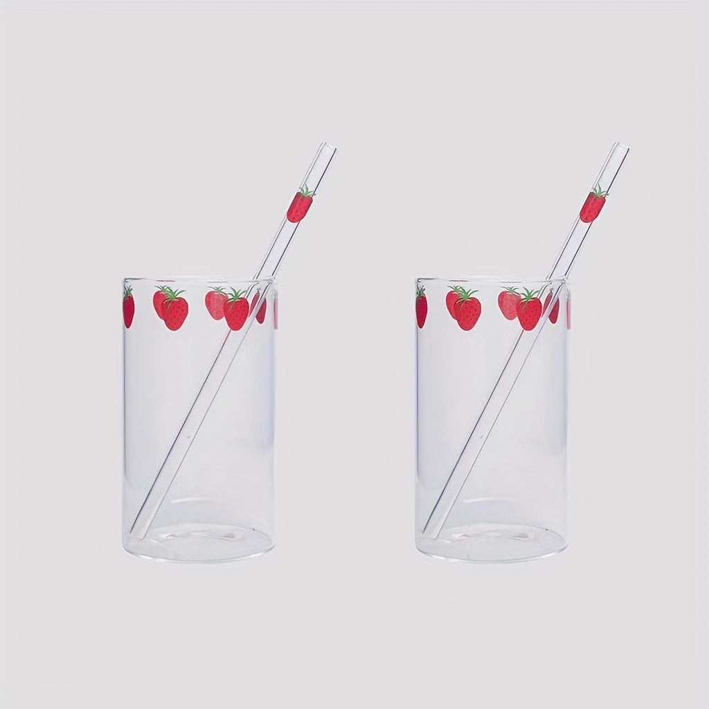 2pcs Strawberry Glass Cups With Straws | High Borosilicate Glass, Durable For Cold And Hot Use, Large Capacity, Multipurpose And Reusable