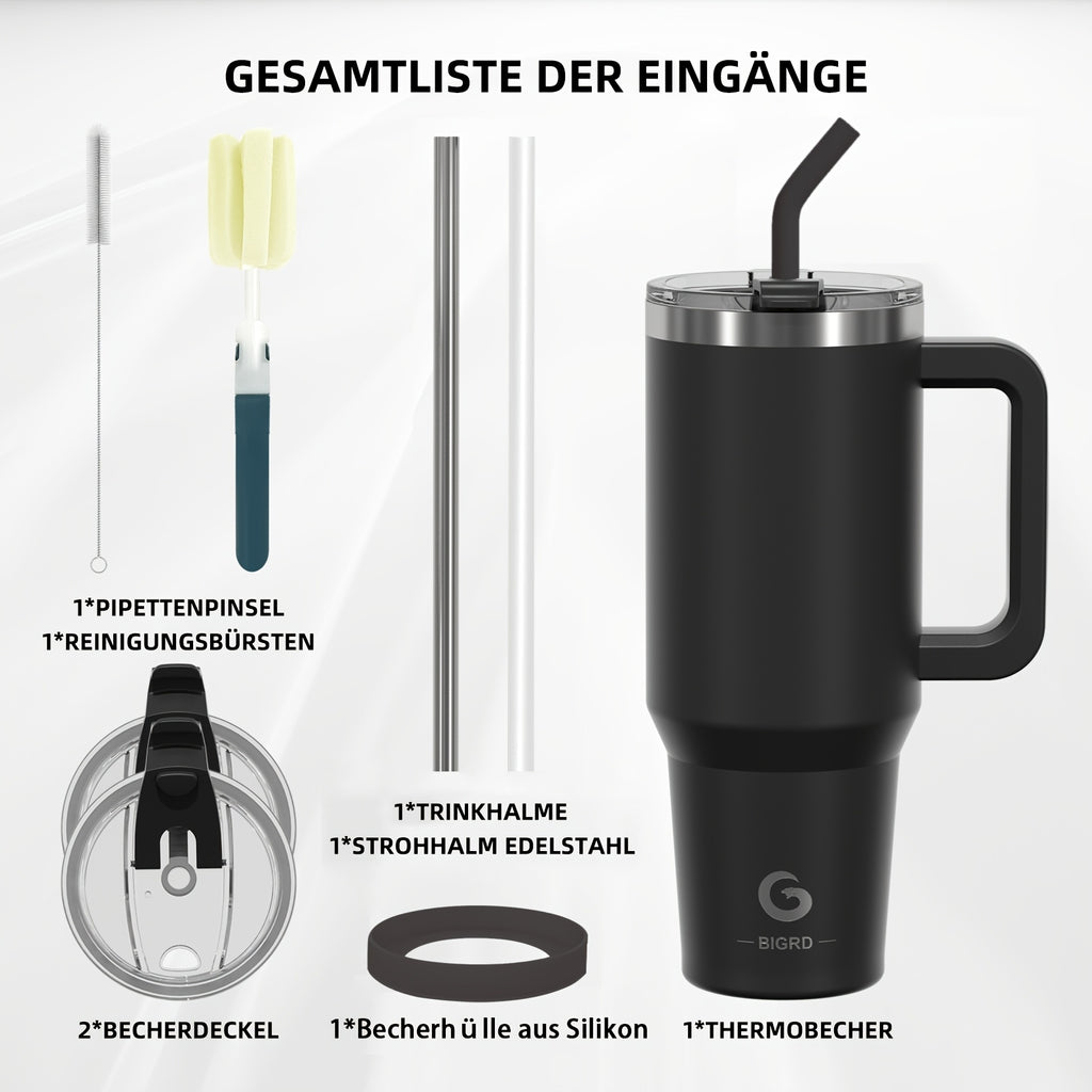 BIGRD • 40oz\u002F1182ml Stainless Steel Water Flask • Double-Wall Vacuum Insulated Leakproof • Hot\u002FCold Car Cup with Straw & Handle • Anti-Slip Base & Dual Silicone Mouthpiece • for Travel, Gym, Dish