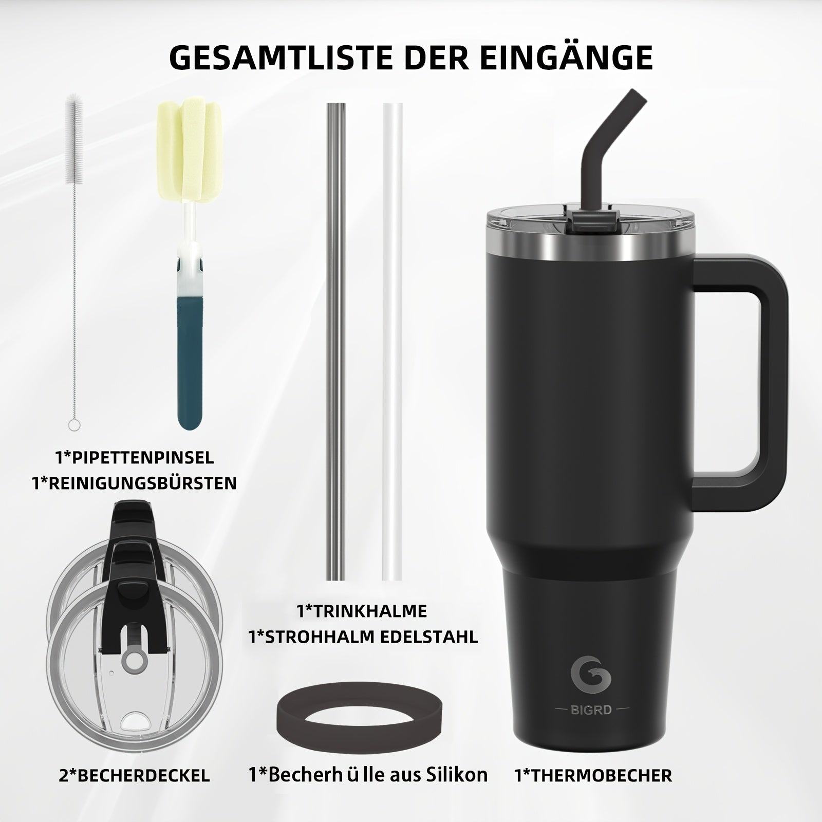 BIGRD • 40oz\u002F1182ml Stainless Steel Water Flask • Double-Wall Vacuum Insulated Leakproof • Hot\u002FCold Car Cup with Straw & Handle • Anti-Slip Base & Dual Silicone Mouthpiece • for Travel, Gym, Dish